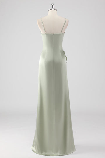 Sage Long Satin Col en V Robe de demoiselle d’honneur fourreau à volants